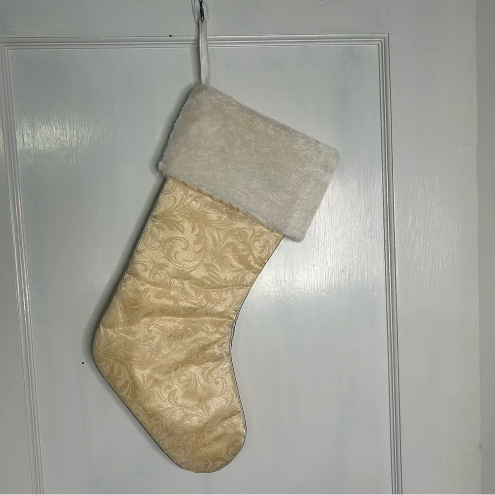 Cream Christmas Stocking Cream Ivory with Faux Fur Cuff tulle scroll overlay